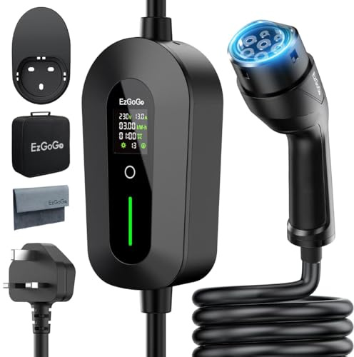 EzGoGo EV Charger Cable Type 2 to 3 Pin Plug 65.62Ft/20M Electric Car Charger 3kW, [6/8/10/13A] Type 2 Charging Cable 3 Pin EV Charger IP65 Advanced Protection Suitable for EVs & PHEVs