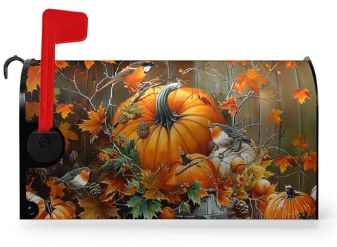 Dacawin Coperture magnetiche per cassette postali con zucca autunnale, dimensioni standard, 53 x 45 cm, con foglie d'acero autunnali e uccelli, copertura per cassetta delle lettere stagionale, per