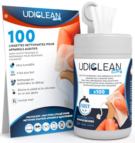 100 Lingettes Nettoyante Appareil Auditif Udiclean - dans Distributeur Refermable Économiseur d’Humidité - Lingettes Maxi et Résistantes pour le Nettoyage de la Graisse de la Saleté et du Cérumen