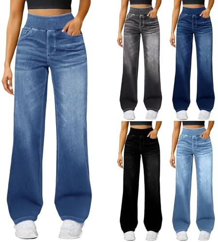 Breda ben jeans för kvinnor, hög midja, bekväma Palazzo, svarta byxor, utsvängda leggings för kvinnor, dra på stretch, vardagliga denimbyxor, yogabyxor med flera fickor för daglig användning, 01sky