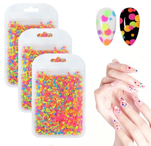 Juego de 3 piezas de lentejuelas brillantes para decoración de uñas, confeti fluorescente en forma de círculo para uñas de gel, polvo de purpurina para manualidades, cara, maquillaje y proyectos de