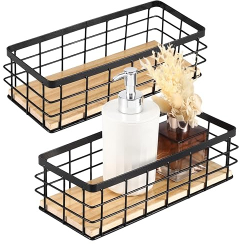 2 Pcs Wire Storage Baskets with Wooden Bottom, Rustic Home Storage Organizer, Farmhouse Small Metal Wire Basket Bin, Black Wire Basket for Kitchen, Bathroom, Laundry Room, 9.8 x 3.9 x 2.8 in