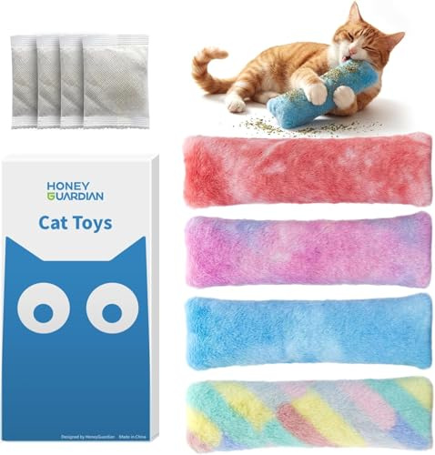 HoneyGuaridan Giochi per Gatti, 4 Giochi Gatto con Menta e Rumore di Fruscio, Cuscino Antistress per Gatti — Tessuto Morbido di Alta Qualità, Comodo e Sicuro, Fonte di Infinita Gioia