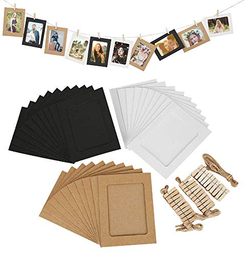 KiKiHong 30 Stück Papier-Bilderrahmen DIY Kraftpapier Bilderrahmen Hängende Wanddekoration mit 30 Stück Clips und 3 Hanf-Seile Set, 15.5 x11.5cm