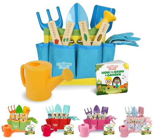 Kids Gardening Set – Toddler Gardening Kit Includes Watering Can for Kids, Shovel, Rake, Plant Stakes, Kids Gardening Gloves, Tote Bag & STEM Learning Gardening Guide Book - Garden Tool Set Blue