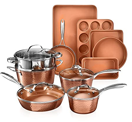 Collection Gotham Steel Hammered Copper — Ensemble de 15 ustensiles de cuisine et de cuisson haut de gamme avec revêtement antiadhésif, passe au lave-vaisselle