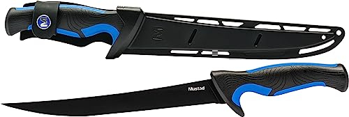 Mustad Filetiermesser, ergonomischer Griff, strukturierter Griff, Teflonbeschichtete Klinge aus 420er Edelstahl, mit Scheide, 17,8 cm, Blau