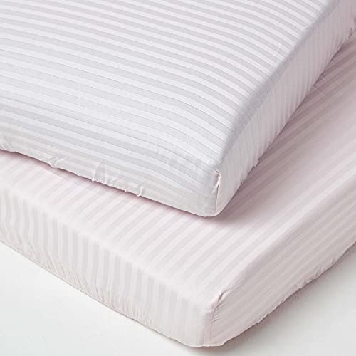 HOMESCAPES 2er-Set Damast Spannbettlaken für Kinderbett 70x140 cm rosa, Kinder-Spannbetttuch ägyptische Baumwolle mit Satin-Streifen