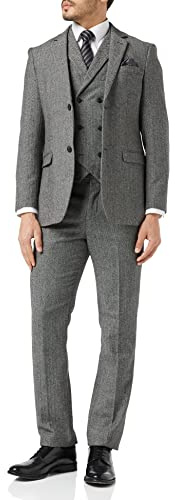 Mens Herringbone 3 Piece Suit Retro 1920s Grey Brown Tweed Classic Tailored Fit [SUIT-GREY-46]