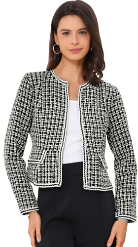 Allegra K Giacca da donna in tweed a quadri, blazer da lavoro, ufficio, a maniche lunghe, aperta sul davanti, giacca corta, Nero , 40