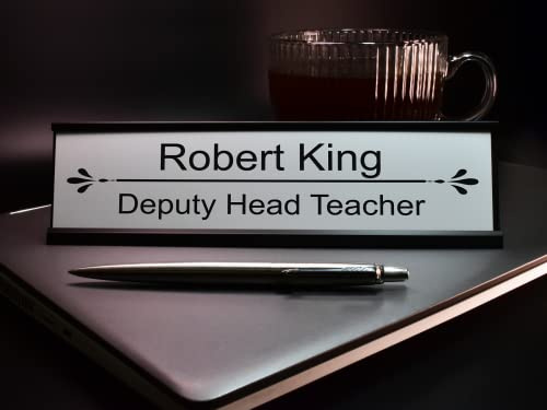 Badgemaster Custom Personalised Central Line Engraved Gold Aluminium White Office Home Desk Name Plaque Decorated Silver Front Plate Bespoke Modern Gift Teacher Graduate Manager Assistant Executive