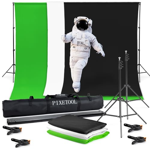 PIXETOOL Green Screen (1,8 x 2,8 m) con Soporte (2 x 2 m) - Croma Verde - Fondo Fotografia - Estudio Fotográfico – Accesorios Fotografia Gaming Streaming – Pantella (Verde, Blanco, Negro)
