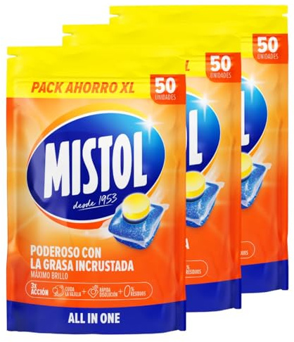 Mistol All In One - 150 UDS Pastillas Lavavajillas con Potencia Desengrasante Avanzada, Brillo Intenso y Disolución Rápida, Protección Total y Cero Residuos - Limpieza Eficaz y Responsable
