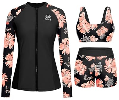 Holipick Orange Floral Long Sleeve Swimsuits for Women - 3 Piece Rash Guard with Shorts Zipper SPF Swim Shirt with Built in Bra L