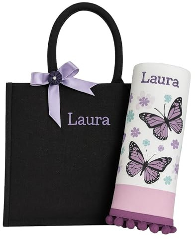 AmiAmarena Borsa mare con telo personalizzabile con ricamo. Borsa in Juta e telo mare Idea regalo donna. Edizione limitata (Farfalla, XL)
