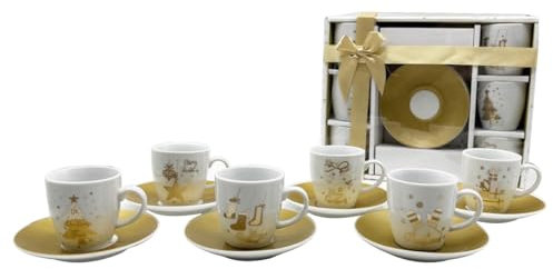 MA MAISON Linea Gold in Ceramica Set Regalo Natalizio - Tazze e Tazzine da Caffè - per Bevande Fredde e Calde Fantasia Oro e Bianca con Decori Natalizi (Set 6 Tazzine + Piattino)