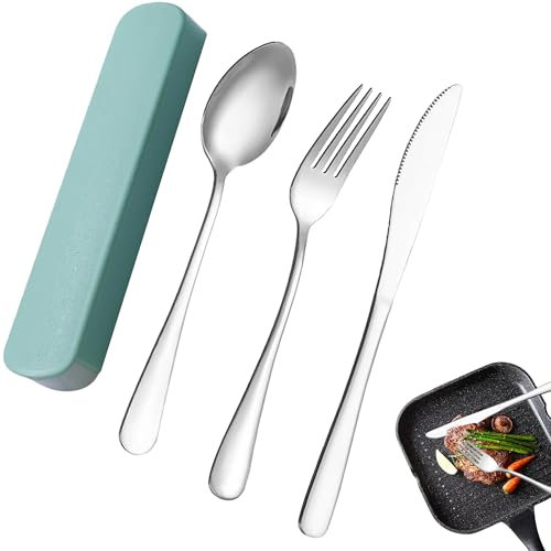 Vierone 1 Set of 3 Pcs Travel Cutlery Set with Case Nordic Green Set of Knife Spoon Fork Reusable Travel Cutlery Suitable for Camping Picnic School Office Everyday Use