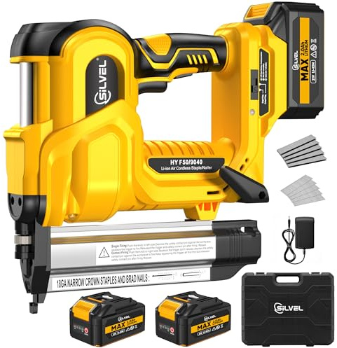 SILVEL 2 Cordless Brad Nailer, 2-in-1 21V Electric Brad Nailer with 2 * 2.0Ah Battery, 1000pcs Nails, 18GA Staples, Adjustable Depth for Woodworking, Home Improvement, yellow