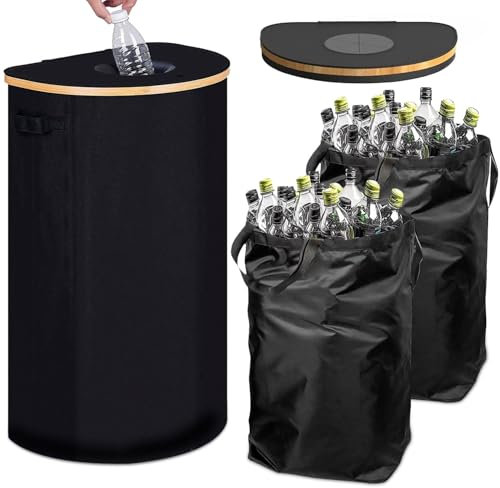 Récipient de collecte de bouteilles consignées de 100 l avec couvercle et 2 sacs de transport amovibles - Noir - Récipient de rangement pour les aliments vides et les verres usagés