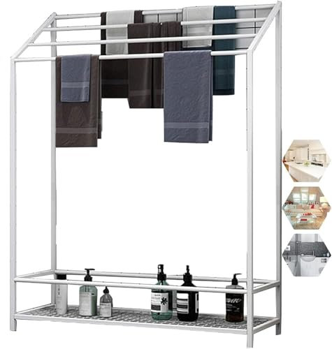 Toallero de metal independiente, soporte de pie para toallas de baño, soporte de escalera para almacenamiento de baño, elegante diseño blanco (60 x 25 x 120 cm)