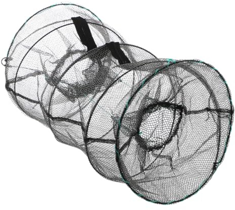 JUMPLAWN Trampa para Peces Plegable Red de Camarones Jaula Red de Cebo para Pesca 25x47 Cm Fibra Negra Resorte Portátil para Cangrejos y Pesca en Agua Dulce y Salada