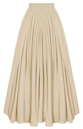 SCARLET DARKNESS Jupe Maxi Médiévale pour Femme Taille Haute Élastique Jupe Longue Évasée avec Poches, abricot, L