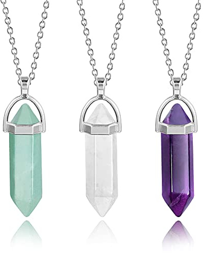 Chaîne de Cristal, Chaîne d'Améthyste, Cristaux de Pierres de Guérison, 3 pièces d'Améthyste Naturelle, Quartz Vert, Aventurine, Pendentif hexagonal, Cristaux de Guérison, Collier, Femme, Homme.