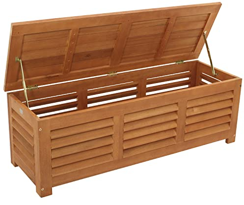 DEGAMO Kissenbox Kissentruhe mit Deckel 128 x 42 x 43,5 cm, Eukalyptus Holz braun geölt, mit Auflage grau, FSC®-Zertifiziert