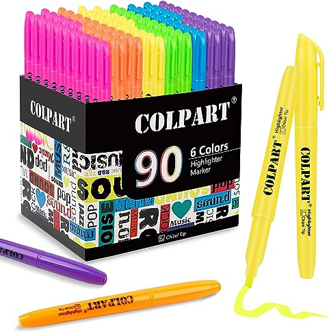 colpart Highlighters Chisel Tip 90 Pack 6 Colors Highlighters Set Chisel Tip Markers For Kid and Adult Coloring For Office School Home Supplies