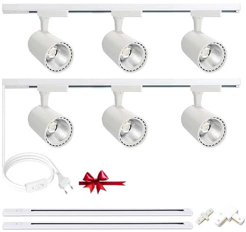 Bravsekai focos LED interior techo kit completo de iluminación de riel 6 luces , foco techo lampara industrial techo de ángulo ajustable,20 W 6000 K blanco,de riel adicionales de 6.5 pies (TR04)