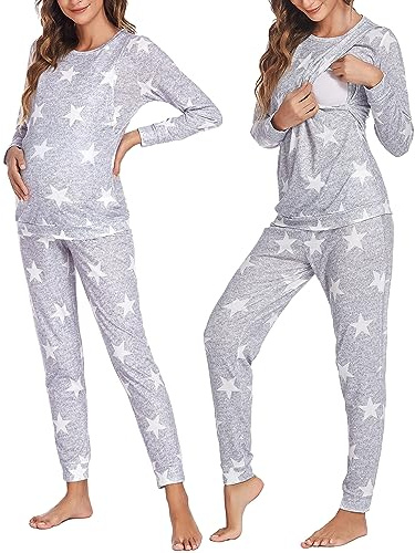 Ekouaer Premamá Pijama Conjunto Ropa de Dormir Invierno Pijama para Embarazadas y Lactancia Cálidos Cuadros de Rayas, Gris Claro, XL