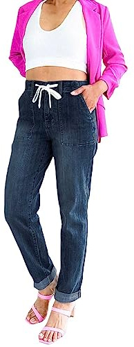 Pantalones vaqueros de cintura alta para mujer, pantalones vaqueros de pierna recta, cintura elástica, pantalones vaqueros largos con cordón, informales, sueltos, Azul 02#, XXL
