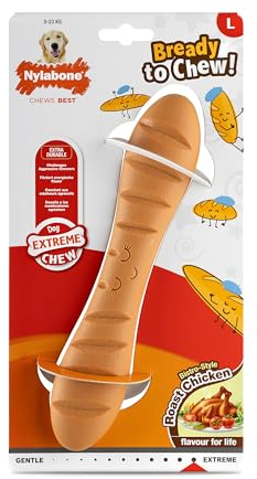 Nylabone, Extrem starker Kaueffekt, Neuartiges Baguette-Kauspielzeug, Langlebig, Kauspielzeug für die Zähne, Geschmack: Brathähnchen, Groß, Für Hunde bis 23 kg