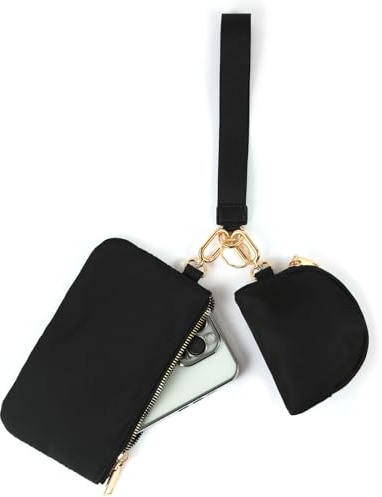 Mini Zip Around Wristlet Keychain Wallet for Women Detachable Dual Pouch Wristlet Portable Phone Coin Purse Coin Pocket (Black+Gold)