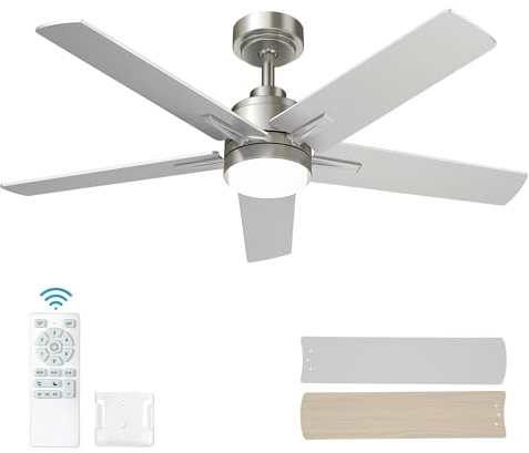52 Inch Brushed Nickel Ceiling Fan with Light and Remote Control,Dimmable 3 Color Temperatures LED Ceiling Fan,6 Speeds Reversible DC Motor,5 Blades Modern Ceiling Fans for Indoor or Covered Outdoor