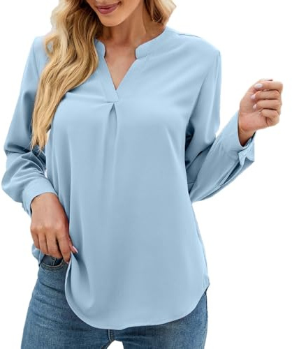 Chemisiers et Blouses Femme, Chemisier en Mousseline de Soie pour Femme - Manches Longues en Mousseline de Soie - Col en V - Couleur Unie - Chic et élégant,Bleu Ciel,XXL,F184S