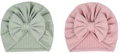 Hrlace 2 stycken babymössor för nyfödd babymössa, mjuk babyturbanmössa med rosett, infant, beanie, mössa, spädbarn, flicka, pojkar, mössa för baby, nyfödda, småbarn, grön + soja