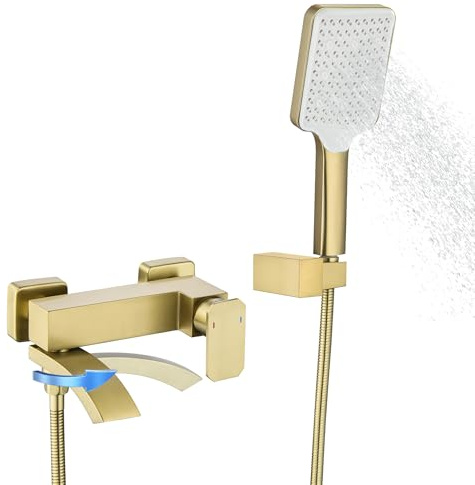 BAITUJIE Rubinetto per vasca da bagno, colore oro, con 3 funzioni, doccetta grande, rubinetto da bagno con beccuccio girevole a 90°, oro spazzolato