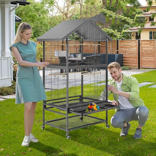 große Vogelvoliere, Premium Vogelkäfig 60x80x167cm, Vogelhaus Voliere mit Beweglich Rollen & Dach, Papageienkäfig mit 4 Holzstangen, 4 Futternäpfe, Einfache Reinigung Bodenwanne