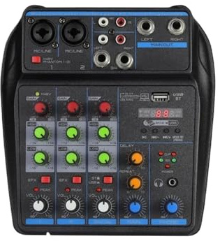 AUBEST Table de Mixage DJ, Console de mixage DJ à 4 canaux avec Alimentation fantôme Bluetooth 48 V Système de Surveillance Mixeur USB