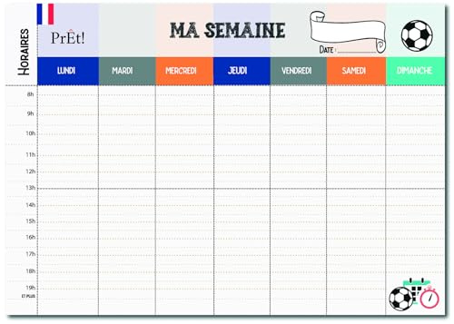 Prêt! | Emploi du Temps Scolaire & Semainier Famille A3 Foot | Tableau Hebdomadaire Mural à Compléter | Organisation Enfants & Parents A3 | Recto-Verso