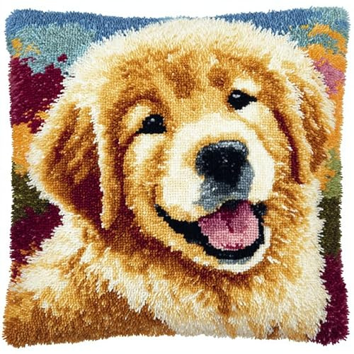 WallustrioaW Latch Hook Kit Cuscini Artigianato,Animale Cane Golden Retriever,Latch Hook Cuscino Kit,Decorazione Natalizia all'Uncinetto per Bambini,Adulti,43x43cm