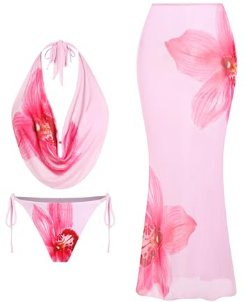 ZAFUL Women's 3 Piece Floral Swimsuit Draped Neck Halter Bikini Tie Side Bathing Suit with Sheer Cover Up Skirt