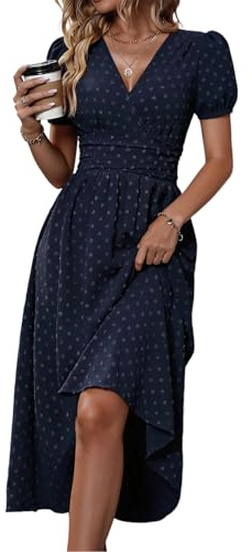 HUXRAKV Robe Femme d'été Longe Chic et Élégante à Manches Courtes Col en V Taille Haute Ligne A Robe de Décontractée Mariage