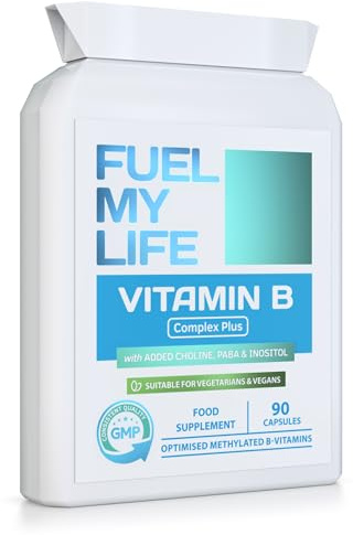 Vitamin B Complex Plus - 90 Capsules - Superior Methylated Formula with Added Choline, PABA & Inositol - Includes Essential Multi B-Vitamins B1, B2, B3, B5, B6, B12, Biotin & Folate
