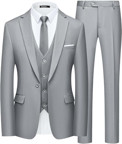 WULFUL Men’s Slim Fit Suit One Button 3-Piece Blazer Dress Business Wedding Party Jacket Vest & Pant Light Grey