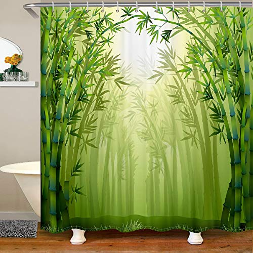Bambus Bad Vorhang Grüne Pflanzen Duschvorhang für Jungen Erwachsene Sommer Natur Friedliches Thema Badewanne Duschvorhang Botanischer Bambus Dekor Wasserdichter Duschvorhang mit Haken, 180x180 (BxL)