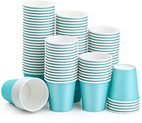 BUOKKON Paquete de 100 vasos de papel azules de 3 onzas para baño, vasos de papel desechables para enjuague bucal para bebidas calientes y frías, suministros de fiesta, picnics, viajes, oficina
