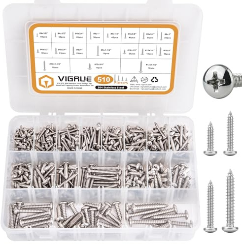 VIGRUE 510Pcs Stainless Steel Wood Screws Assortment Kit, #4#6#8#10#12 Phillips Pan Head Sheet Metal Screws Self Tapping Screws Set,Length 3/8 to 1-1/2