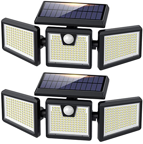 Feob [Lot de 2 Lampes Solaires Extérieur à Détecteur de Mouvement, 3500LM 341LED Lumières Solaires, 3 Têtes Réglables, 270° éclairage Grand Angle IP65 Projecteur Solaire éclairage Mural d'extérieur